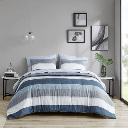 Jaxon Striped Comforter Set With Bed Sheets | Nautical Bedding Set | Blue And Grey - Quahog Bay Bedding