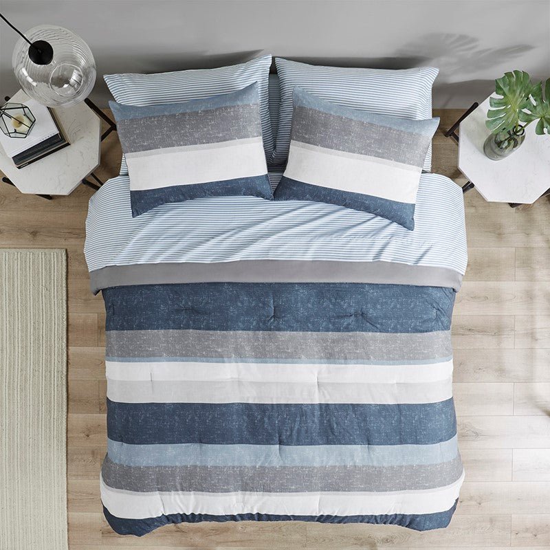Jaxon Striped Comforter Set With Bed Sheets | Nautical Bedding Set | Blue And Grey - Quahog Bay Bedding