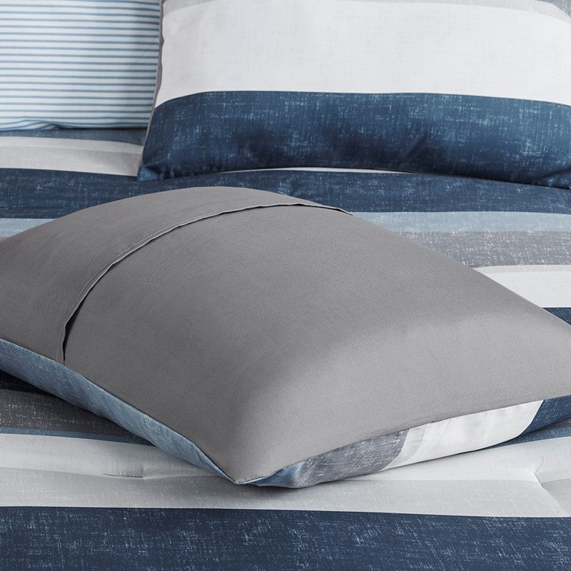 Jaxon Striped Comforter Set With Bed Sheets | Nautical Bedding Set | Blue And Grey - Quahog Bay Bedding