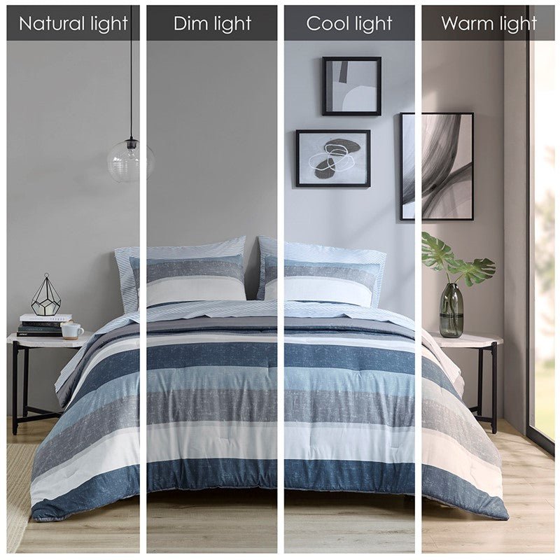 Jaxon Striped Comforter Set With Bed Sheets | Nautical Bedding Set | Blue And Grey - Quahog Bay Bedding