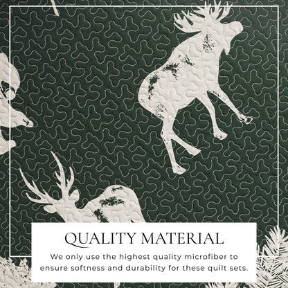 Lodge Quilt - Green With Deer, Moose, Trees - Fall Themed Bedding