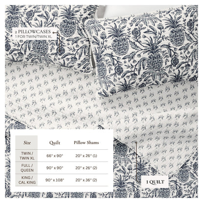 Nautical Printed Cotton Quilt Set - Navy & White Pineapple Themed Bedding
