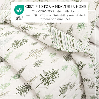 Lodge Quilt - White With Evergreen Trees - Fall & Christmas Themed Bedding