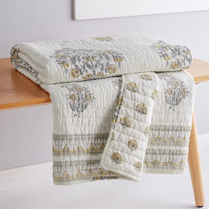 Kamira Quilted Throw Blanket - Ochre - Floral Throws - Quahog Bay Bedding