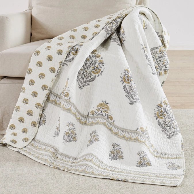 Kamira Quilted Throw Blanket - Ochre - Floral Throws - Quahog Bay Bedding