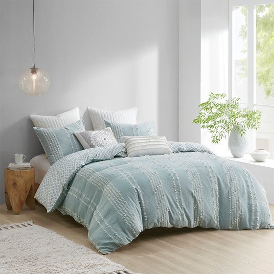 Kara Cotton Jacquard Aqua Coastal 3PC Duvet Cover Set - Quahog Bay Bedding