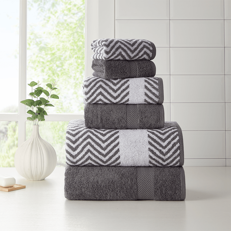 Kathy Ireland 6 Piece Chevron Jacquard Towel Set with Lets Dry - Quahog Bay Bedding