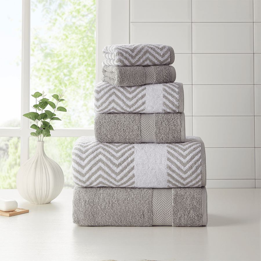 Kathy Ireland 6 Piece Chevron Jacquard Towel Set with Lets Dry - Quahog Bay Bedding