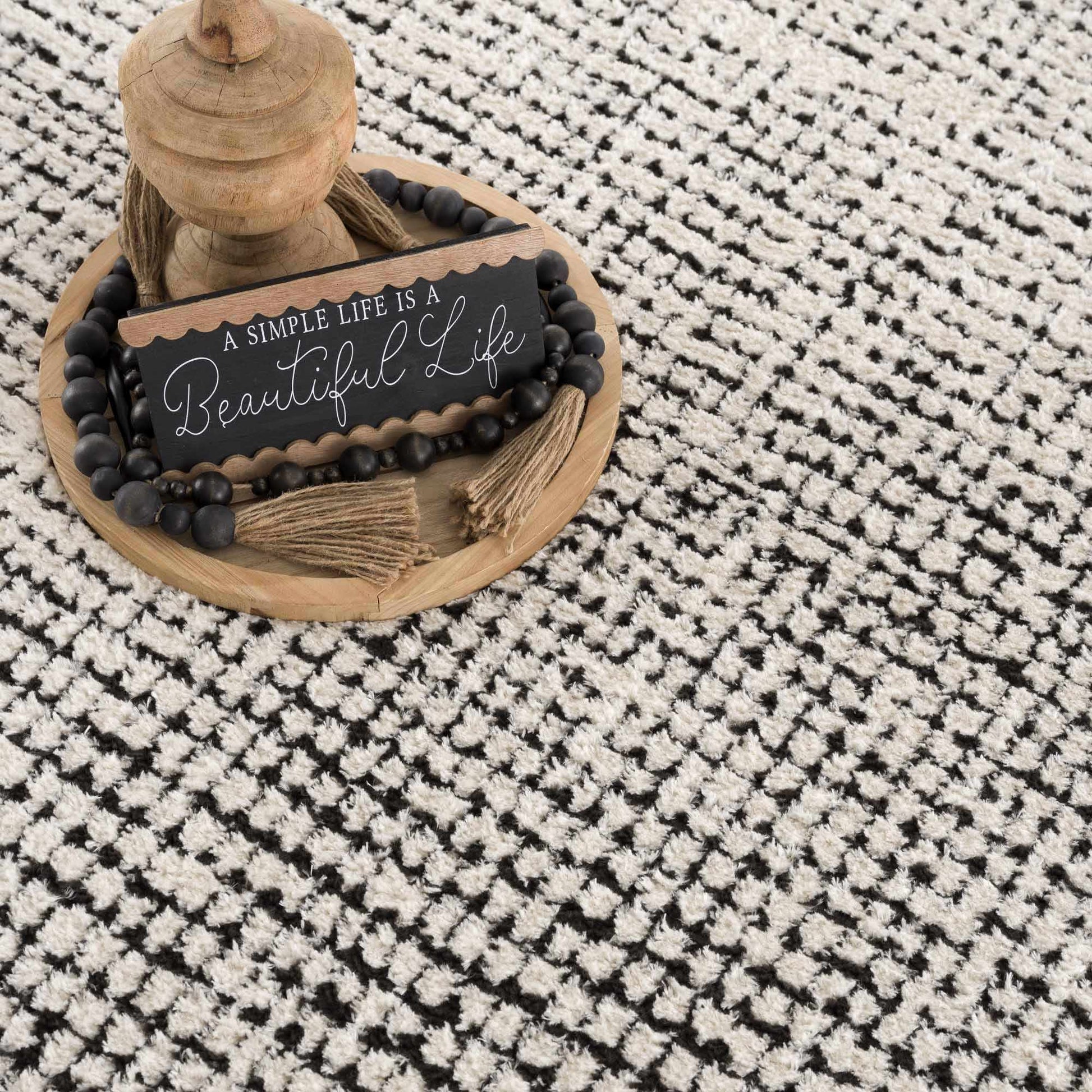 Keita Cream & Black Grid Plush Rug - Quahog Bay Bedding
