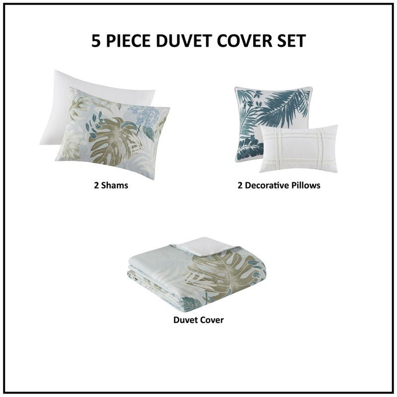 Kiawah Island 5 Piece Cotton Duvet Cover Set with Throw Pillow - Blue - Quahog Bay Bedding