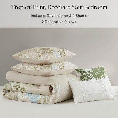 Kiawah Island 5 Piece Cotton Duvet Cover Set with Throw Pillow - Taupe - Quahog Bay Bedding