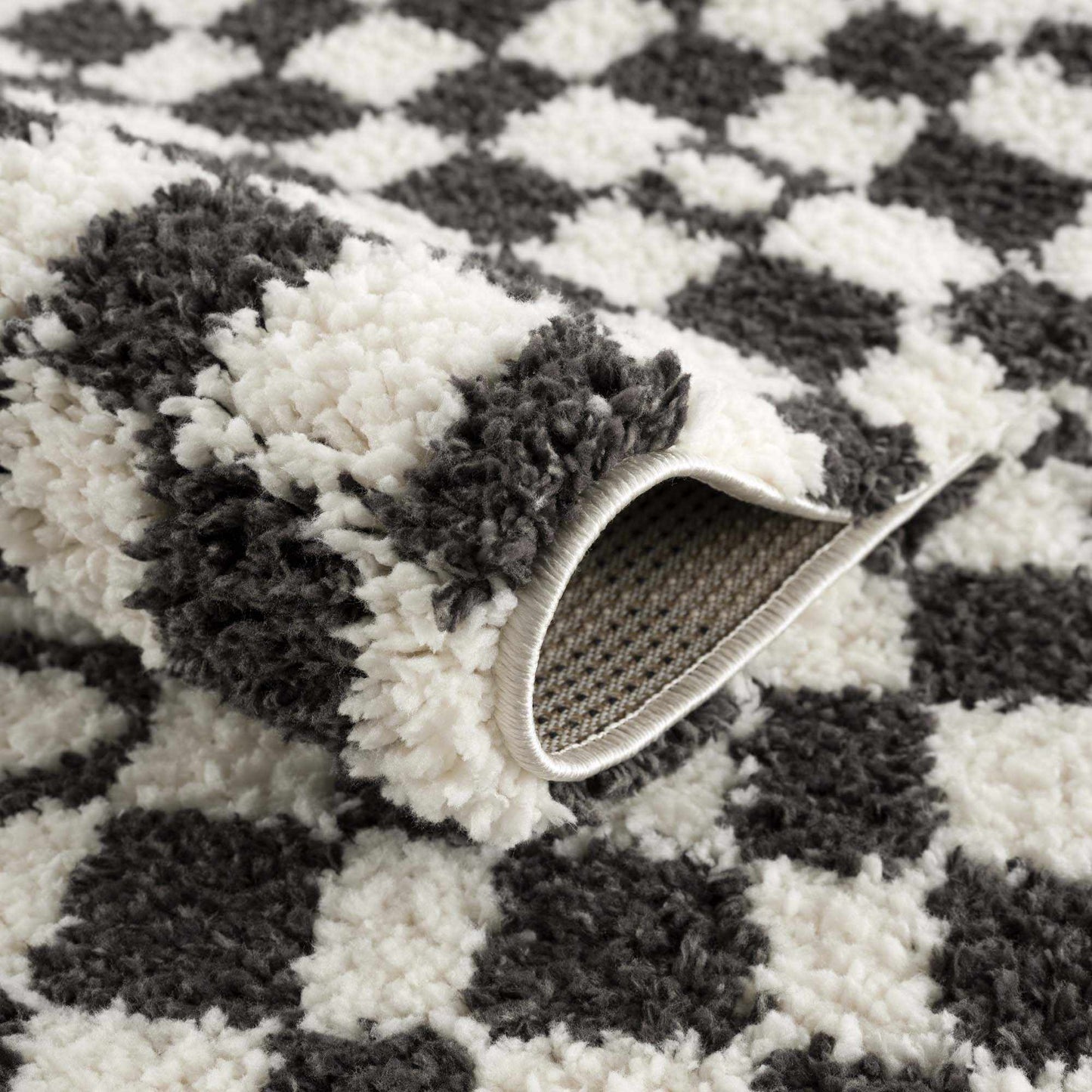 Kieu Black & White Checkered Shag Rug - Quahog Bay Bedding