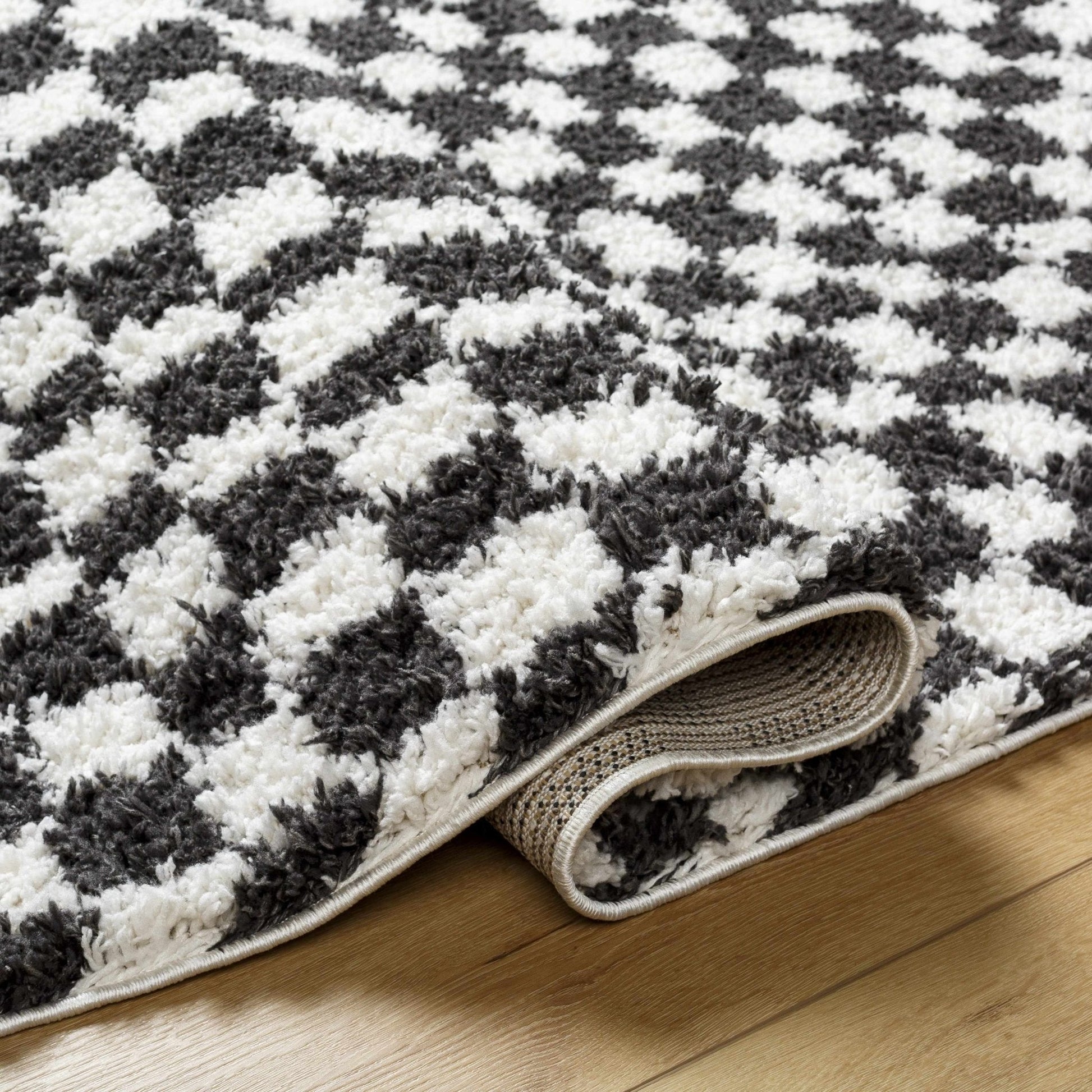 Kieu Black & White Checkered Shag Rug - Quahog Bay Bedding