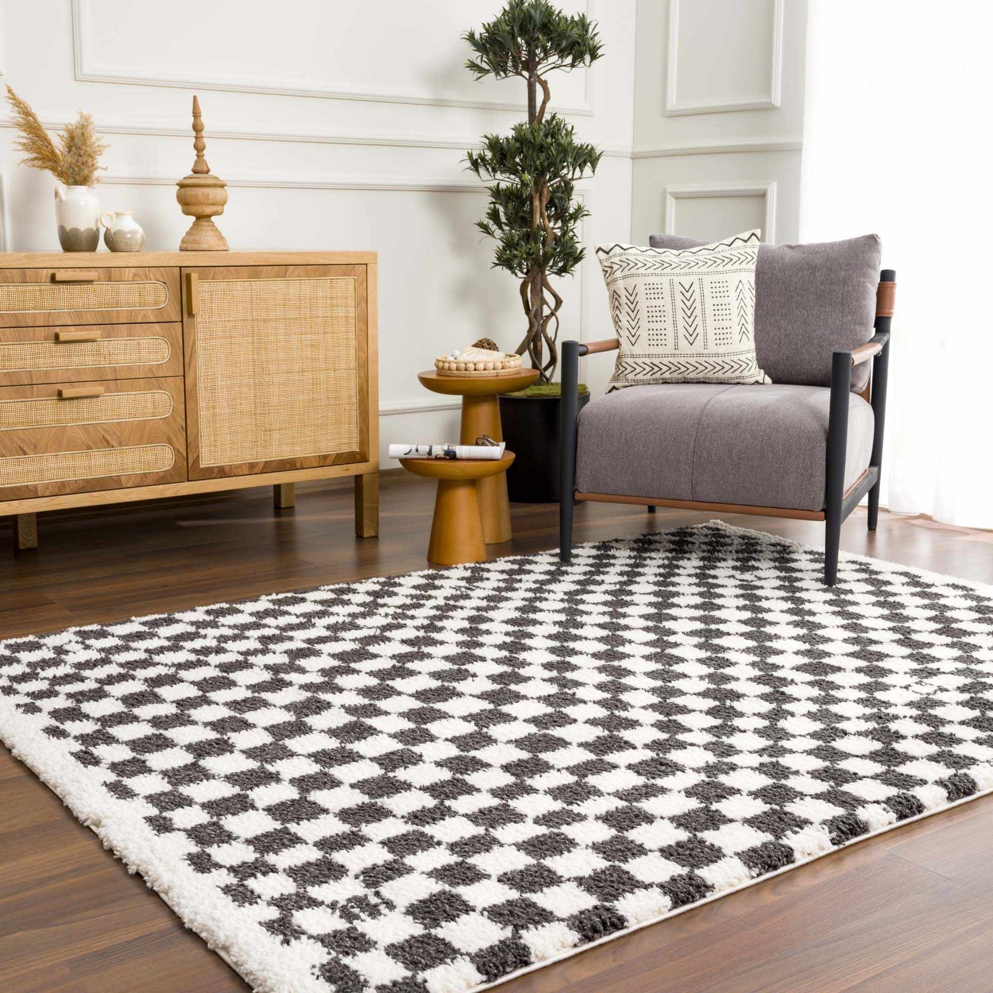 Kieu Black & White Checkered Shag Rug - Quahog Bay Bedding