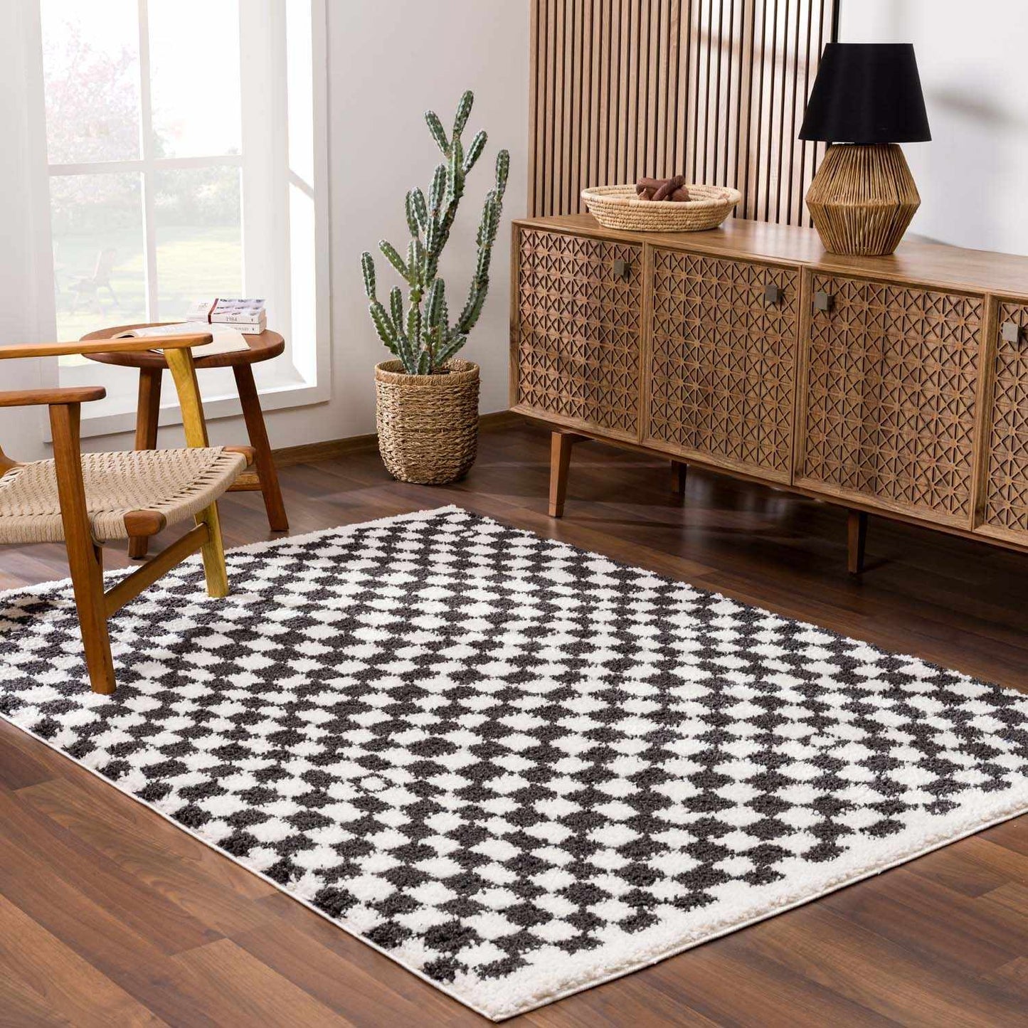 Kieu Black & White Checkered Shag Rug - Quahog Bay Bedding