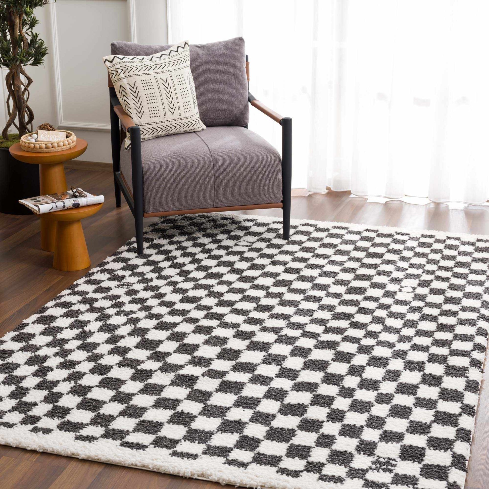 Kieu Black & White Checkered Shag Rug - Quahog Bay Bedding