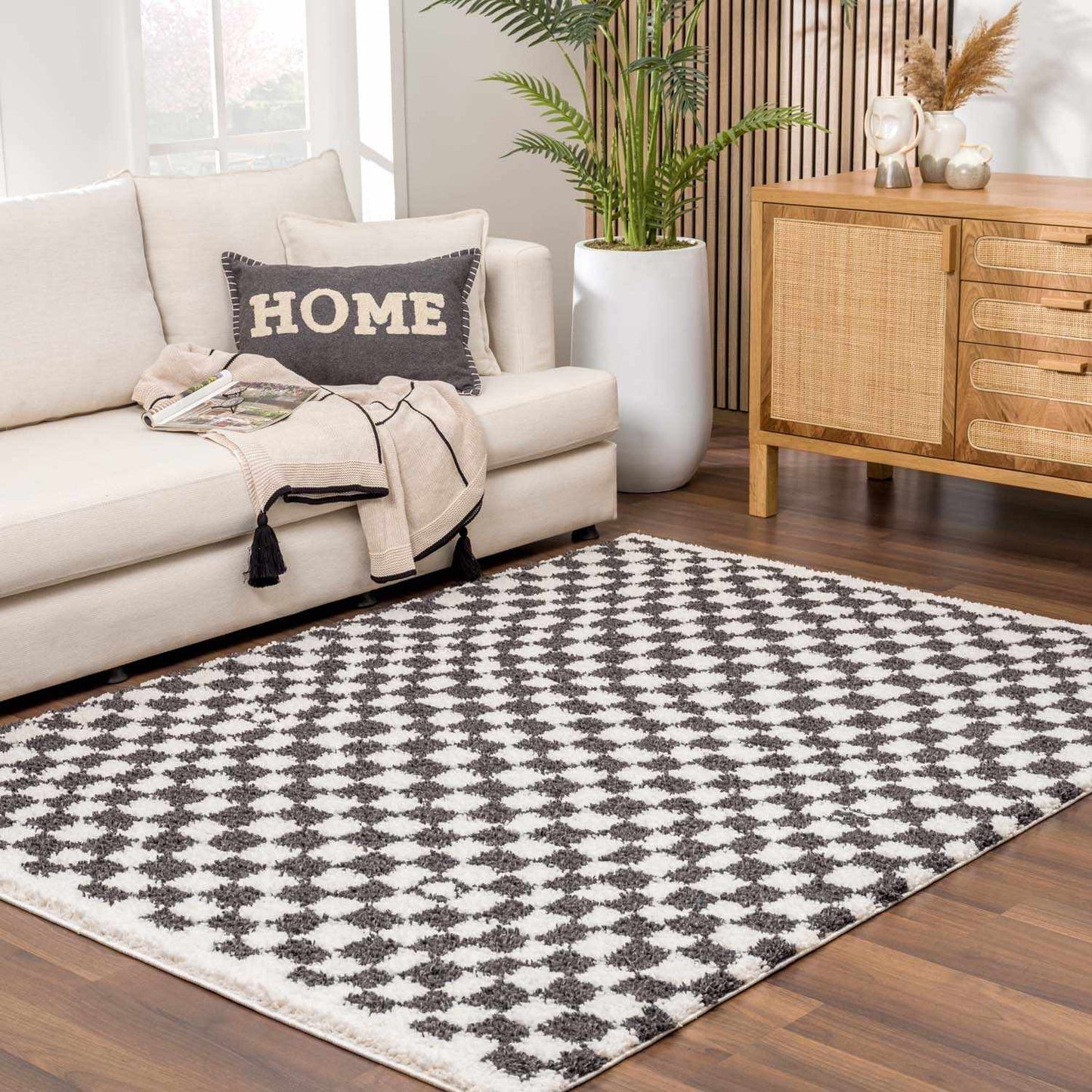 Kieu Black & White Checkered Shag Rug - Quahog Bay Bedding