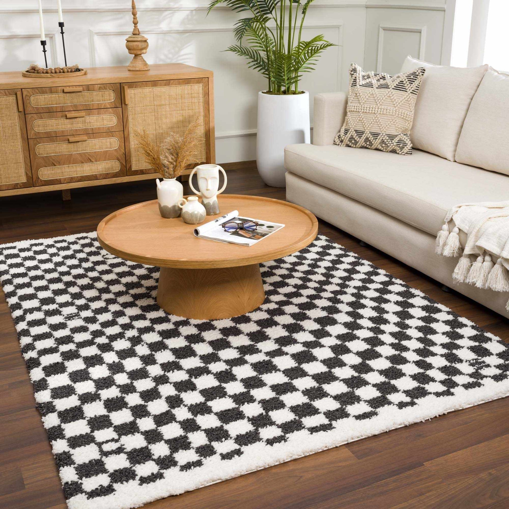 Kieu Black & White Checkered Shag Rug - Quahog Bay Bedding