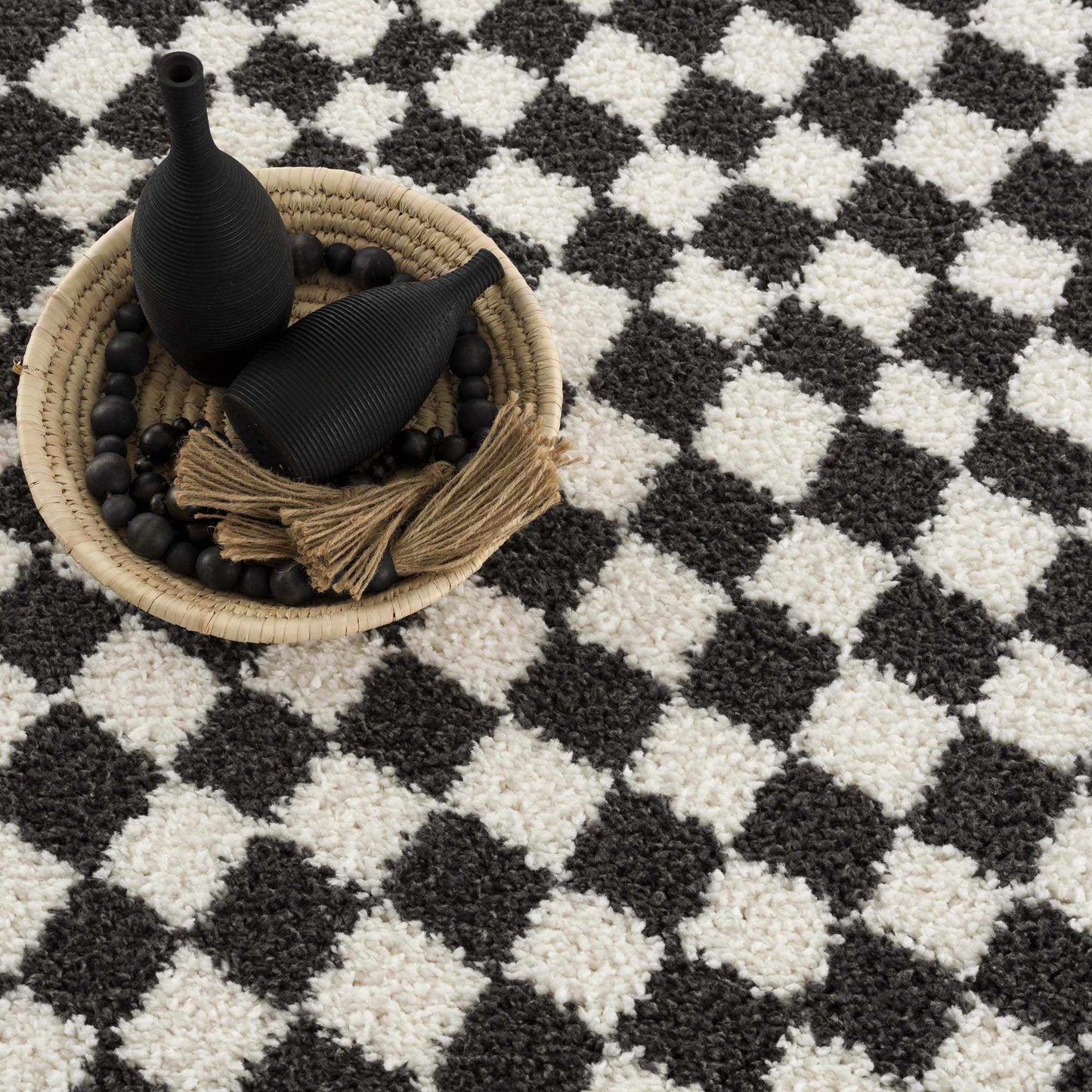 Kieu Black & White Checkered Shag Rug - Quahog Bay Bedding