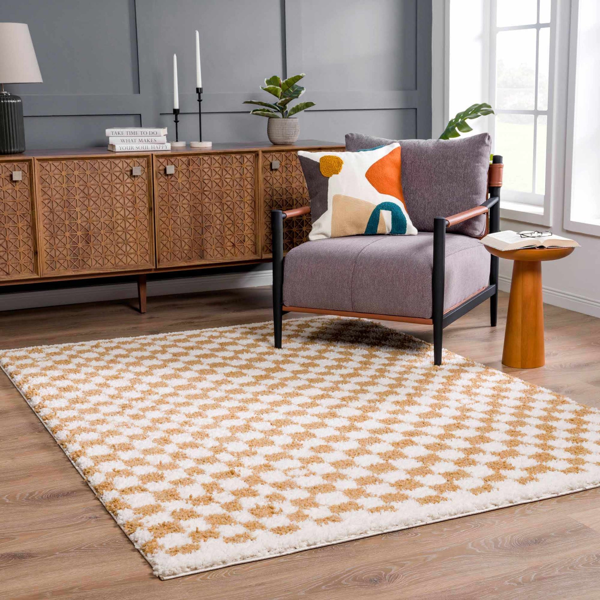 Kieu Mustard & Ivory Checkered Area Rug - Quahog Bay Bedding