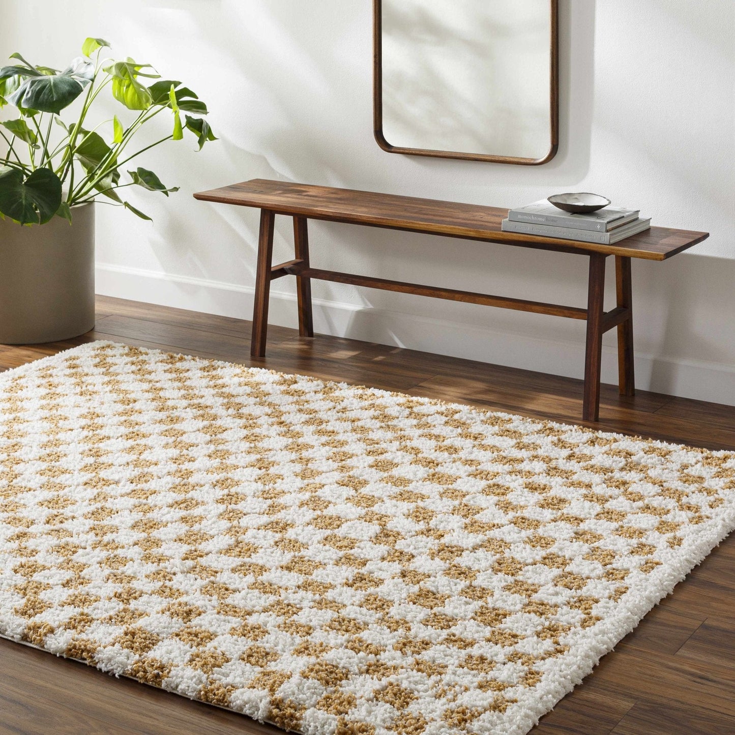 Kieu Mustard & Ivory Checkered Area Rug - Quahog Bay Bedding