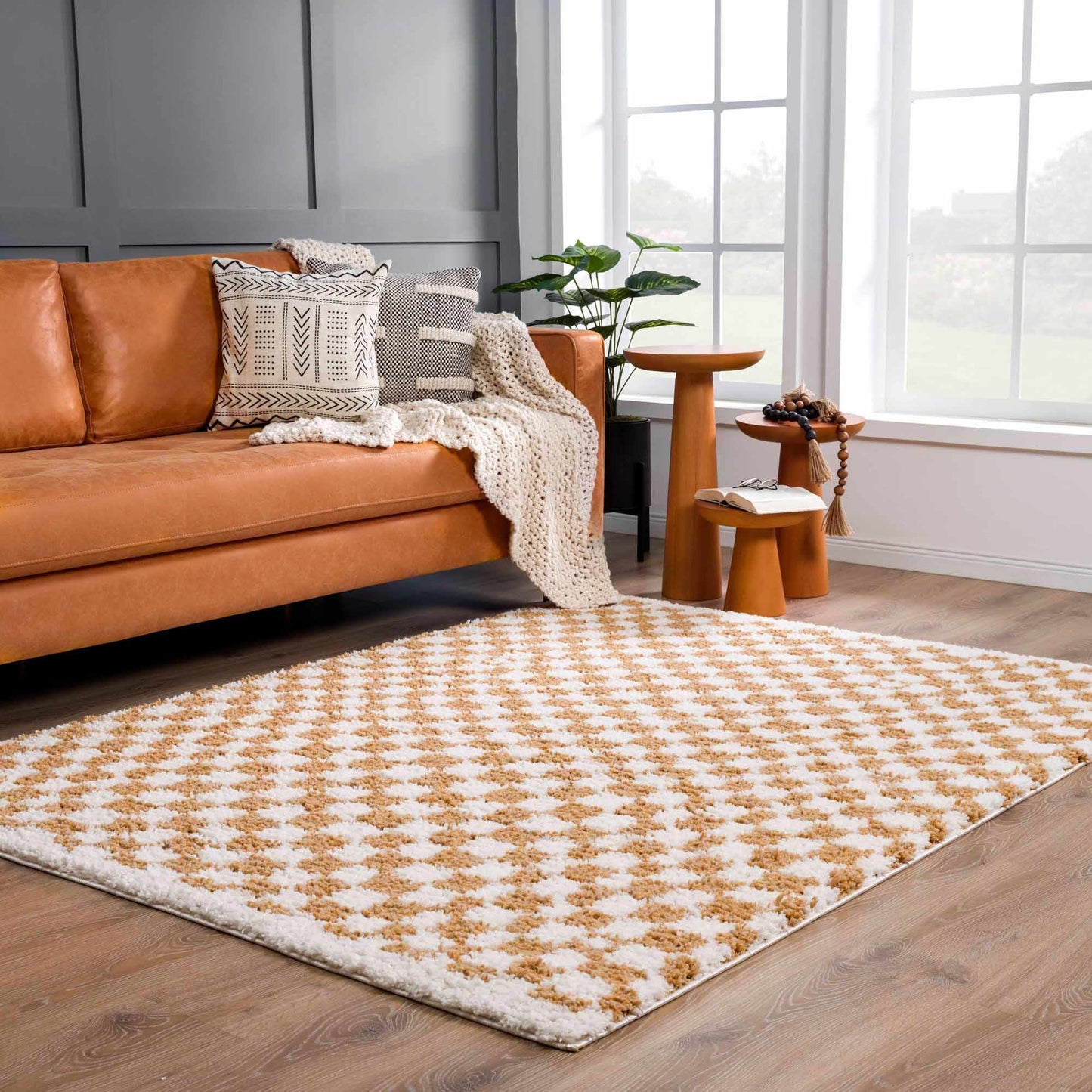 Kieu Mustard & Ivory Checkered Area Rug - Quahog Bay Bedding