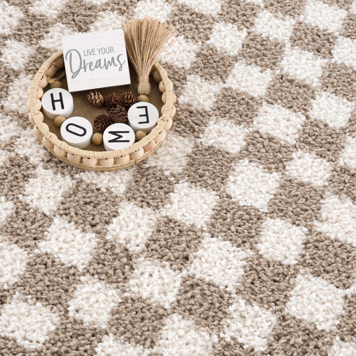 Kieu Taupe Checkered Shag Rug - Quahog Bay Bedding