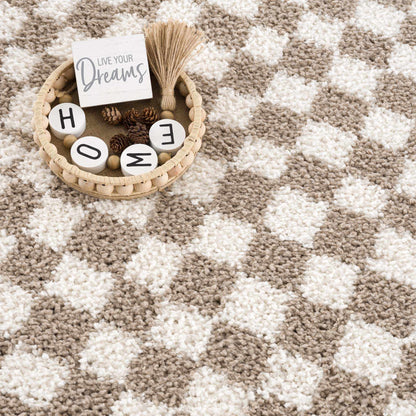 Kieu Taupe Checkered Shag Rug - Quahog Bay Bedding