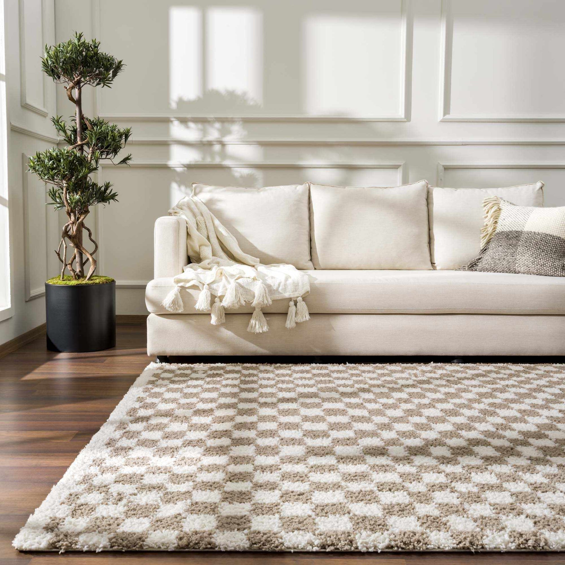 Kieu Taupe Checkered Shag Rug - Quahog Bay Bedding