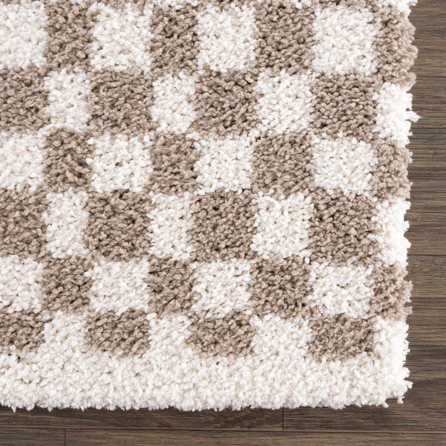 Kieu Taupe Checkered Shag Rug - Quahog Bay Bedding
