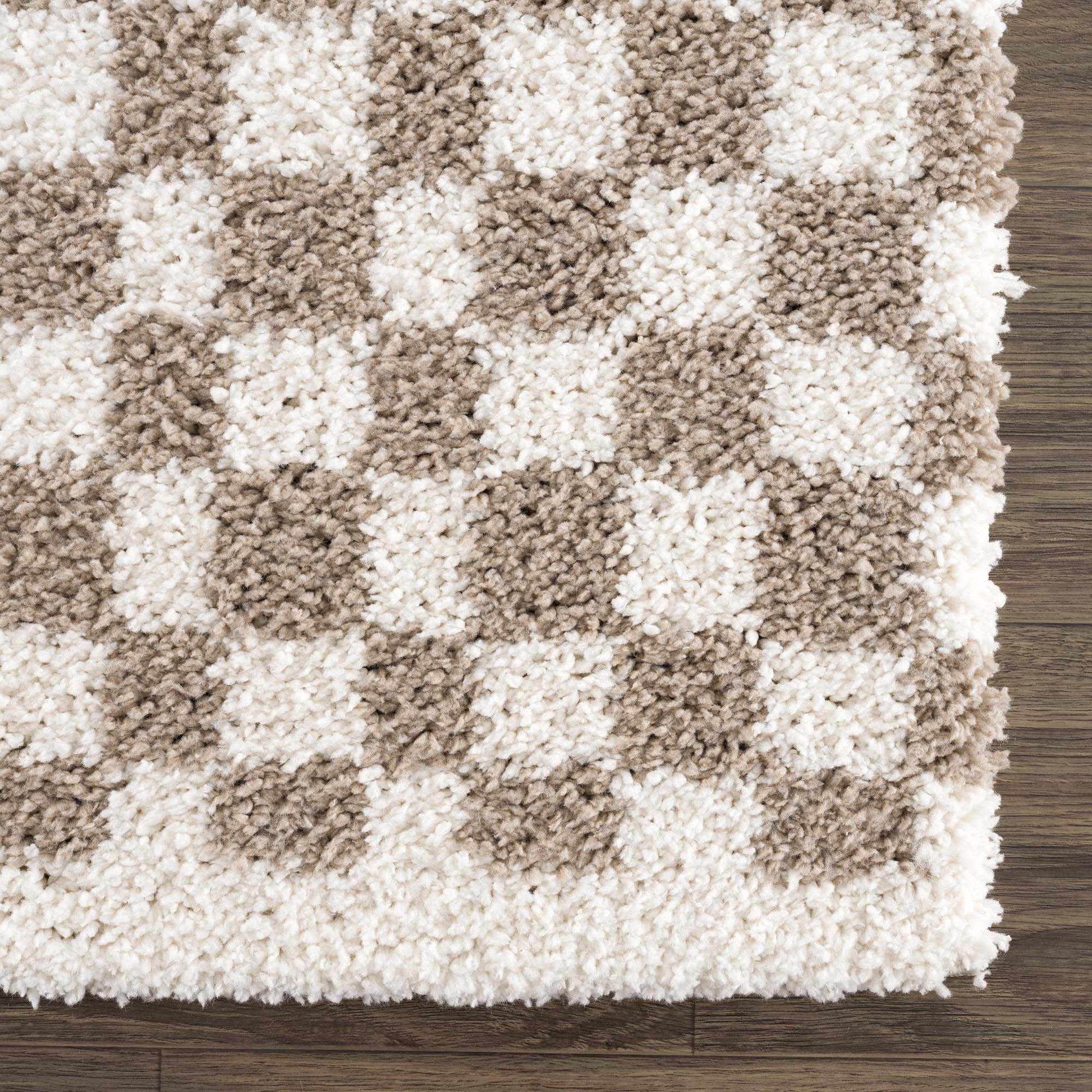 Kieu Taupe Checkered Shag Rug - Quahog Bay Bedding