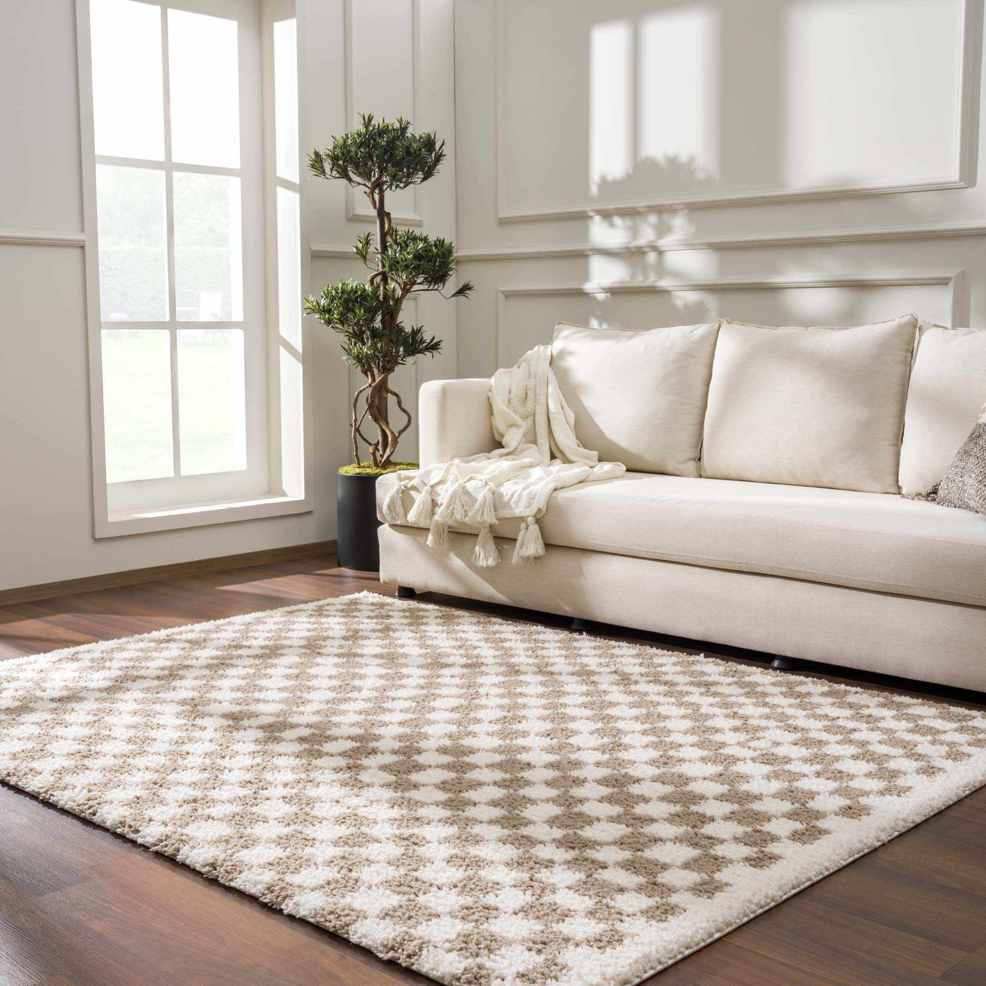 Kieu Taupe Checkered Shag Rug - Quahog Bay Bedding