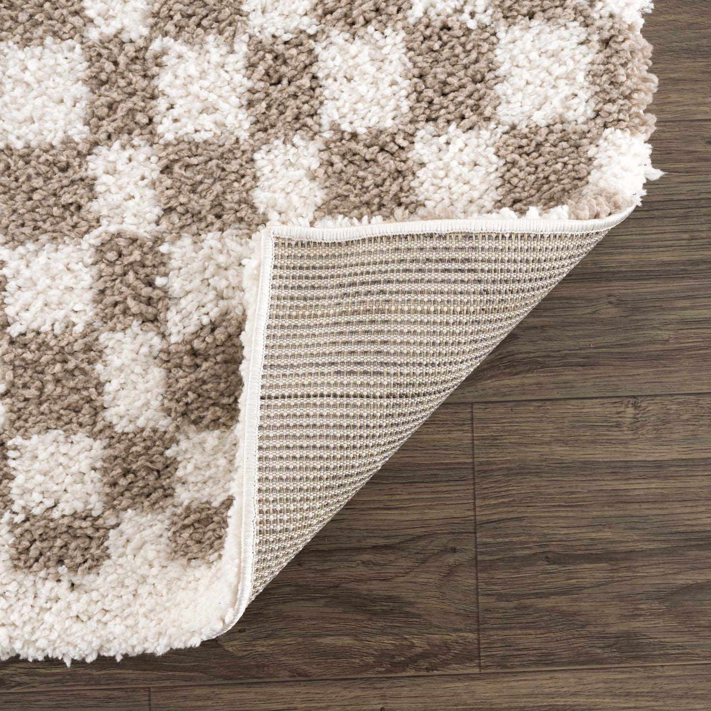 Kieu Taupe Checkered Shag Rug - Quahog Bay Bedding
