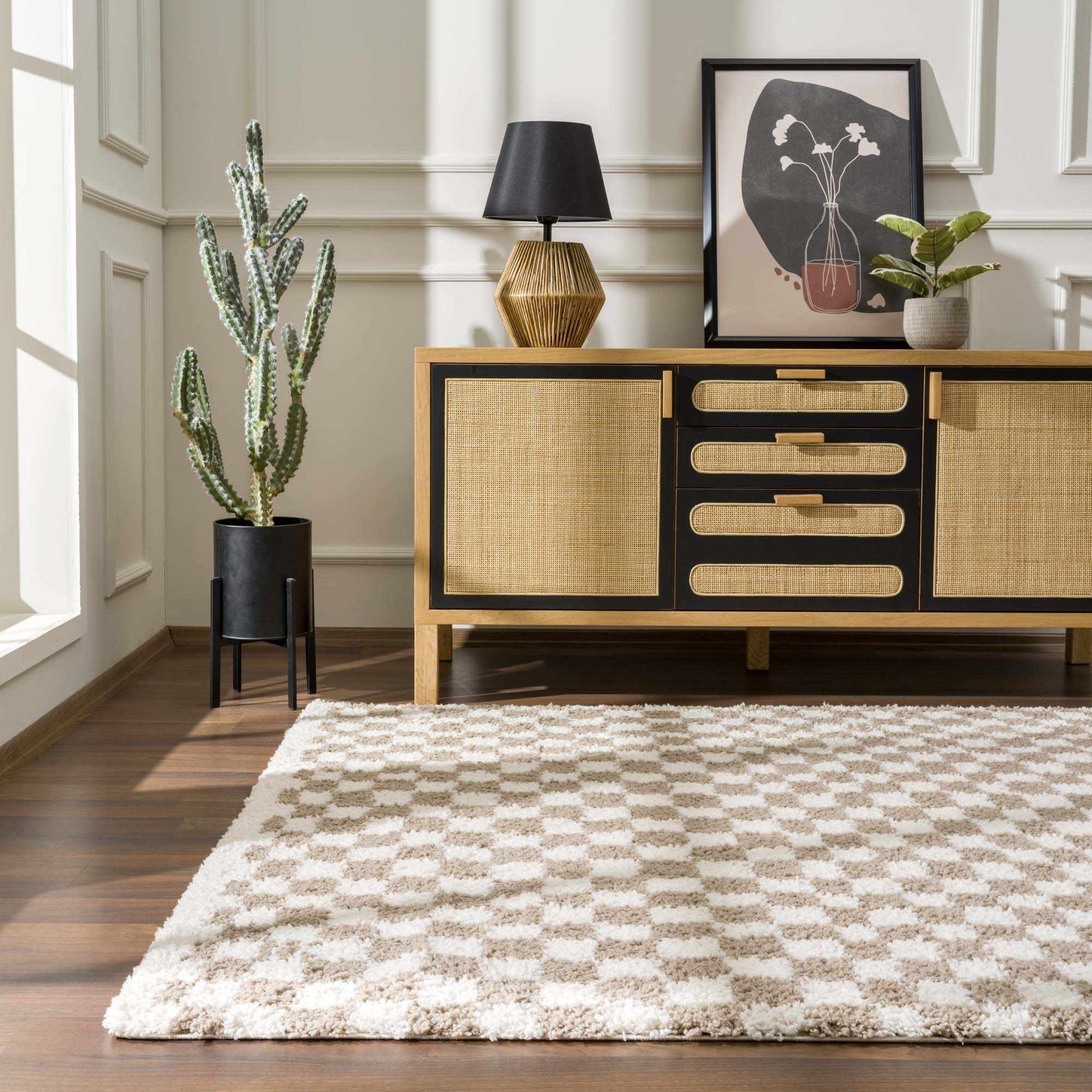 Kieu Taupe Checkered Shag Rug - Quahog Bay Bedding
