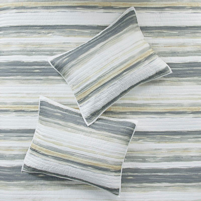 King Beach Quilt Set -  Marina Yellow And Grey Hues 6PC - Beach Themed Bedding Set - Quahog Bay Bedding