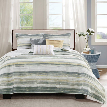 King Beach Quilt Set -  Marina Yellow And Grey Hues 6PC - Beach Themed Bedding Set - Quahog Bay Bedding