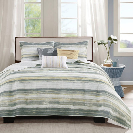 King Beach Quilt Set -  Marina Yellow And Grey Hues 6PC - Beach Themed Bedding Set - Quahog Bay Bedding