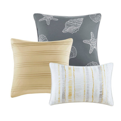 King Beach Quilt Set -  Marina Yellow And Grey Hues 6PC - Beach Themed Bedding Set - Quahog Bay Bedding