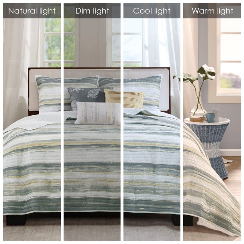 King Beach Quilt Set -  Marina Yellow And Grey Hues 6PC - Beach Themed Bedding Set - Quahog Bay Bedding
