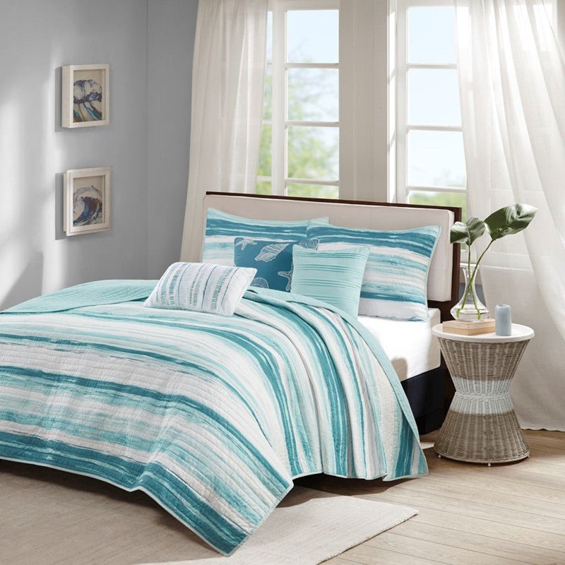 King Coastal Themed Quilt Set - Queen Aqua Quilt Set - Marina 6PC Set - Quahog Bay Bedding