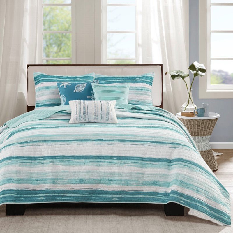King Coastal Themed Quilt Set - Queen Aqua Quilt Set - Marina 6PC Set - Quahog Bay Bedding