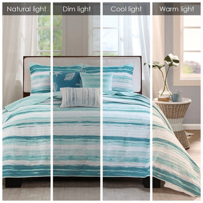 King Coastal Themed Quilt Set - Queen Aqua Quilt Set - Marina 6PC Set - Quahog Bay Bedding