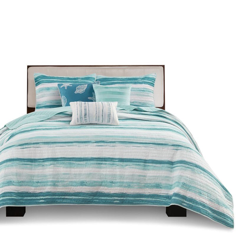 King Coastal Themed Quilt Set - Queen Aqua Quilt Set - Marina 6PC Set - Quahog Bay Bedding