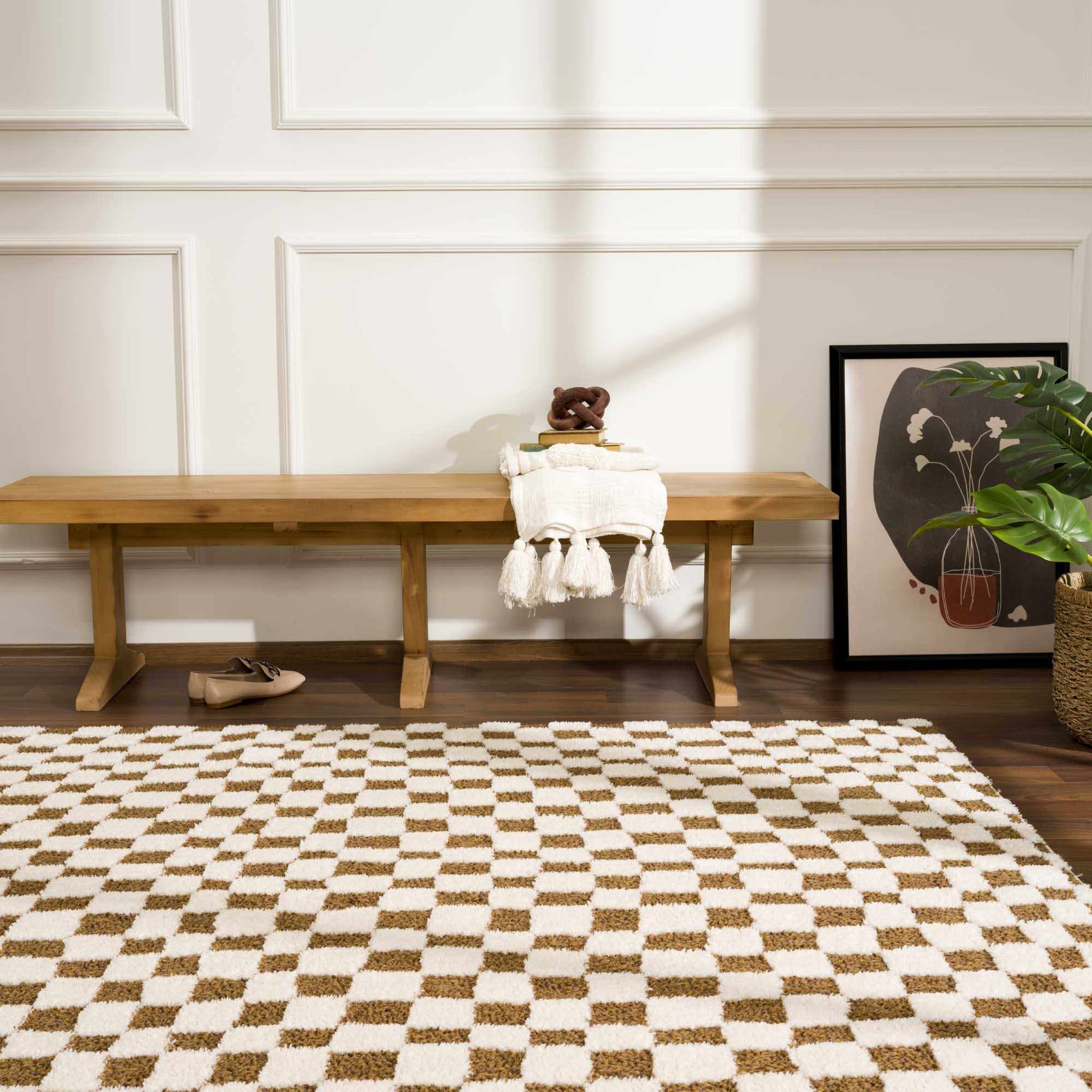 Lajos Brown Checkered Shag Rug - Quahog Bay Bedding