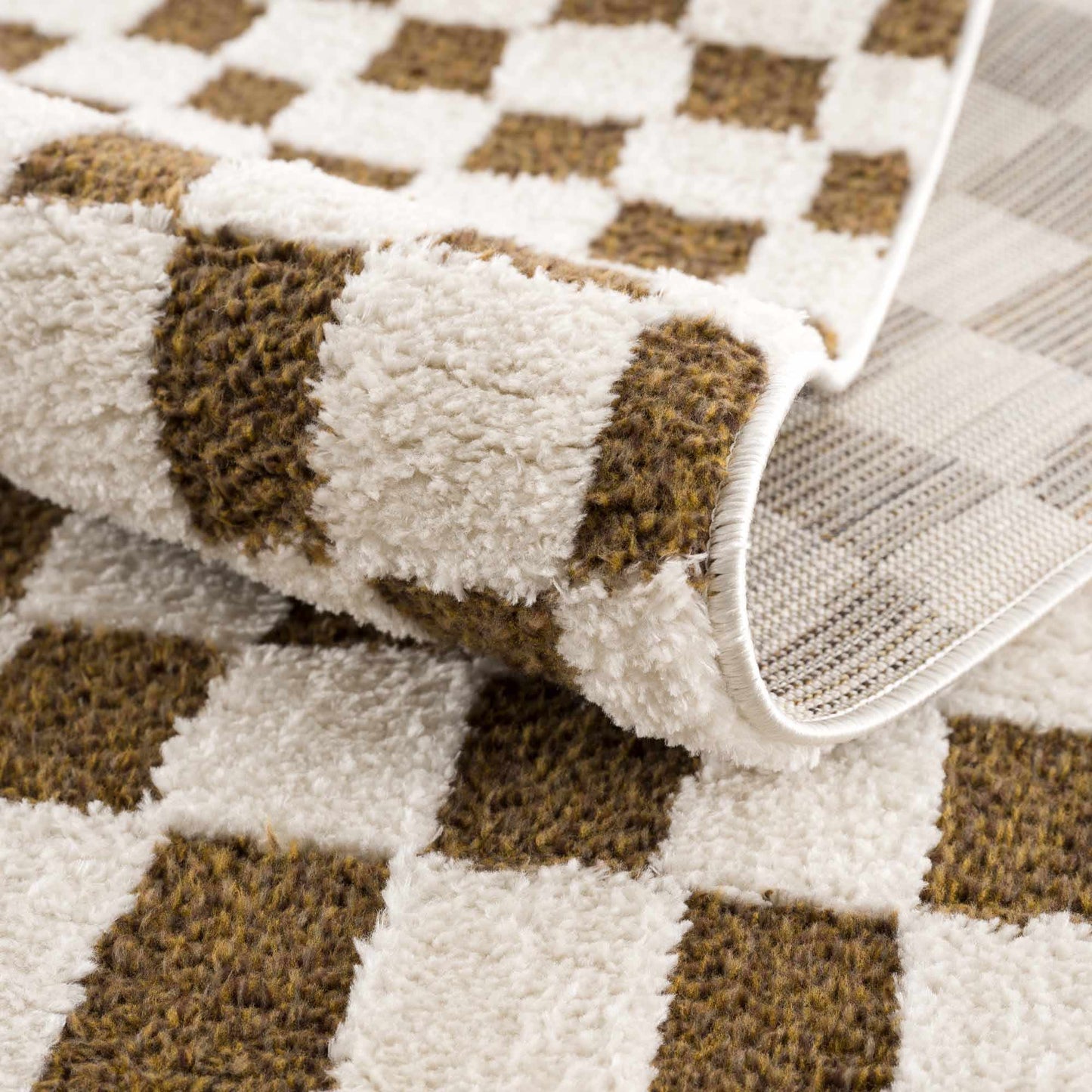 Lajos Brown Checkered Shag Rug - Quahog Bay Bedding