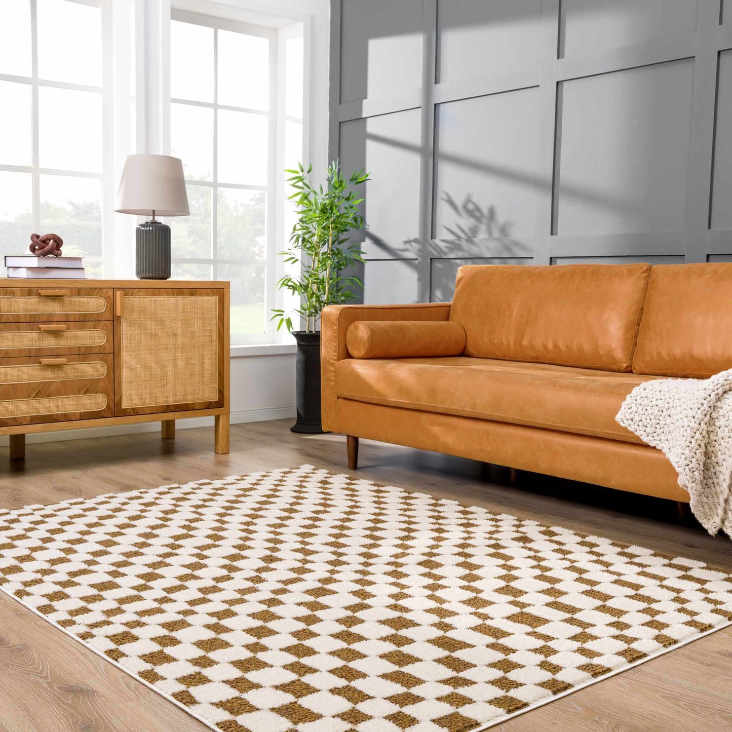 Lajos Brown Checkered Shag Rug - Quahog Bay Bedding