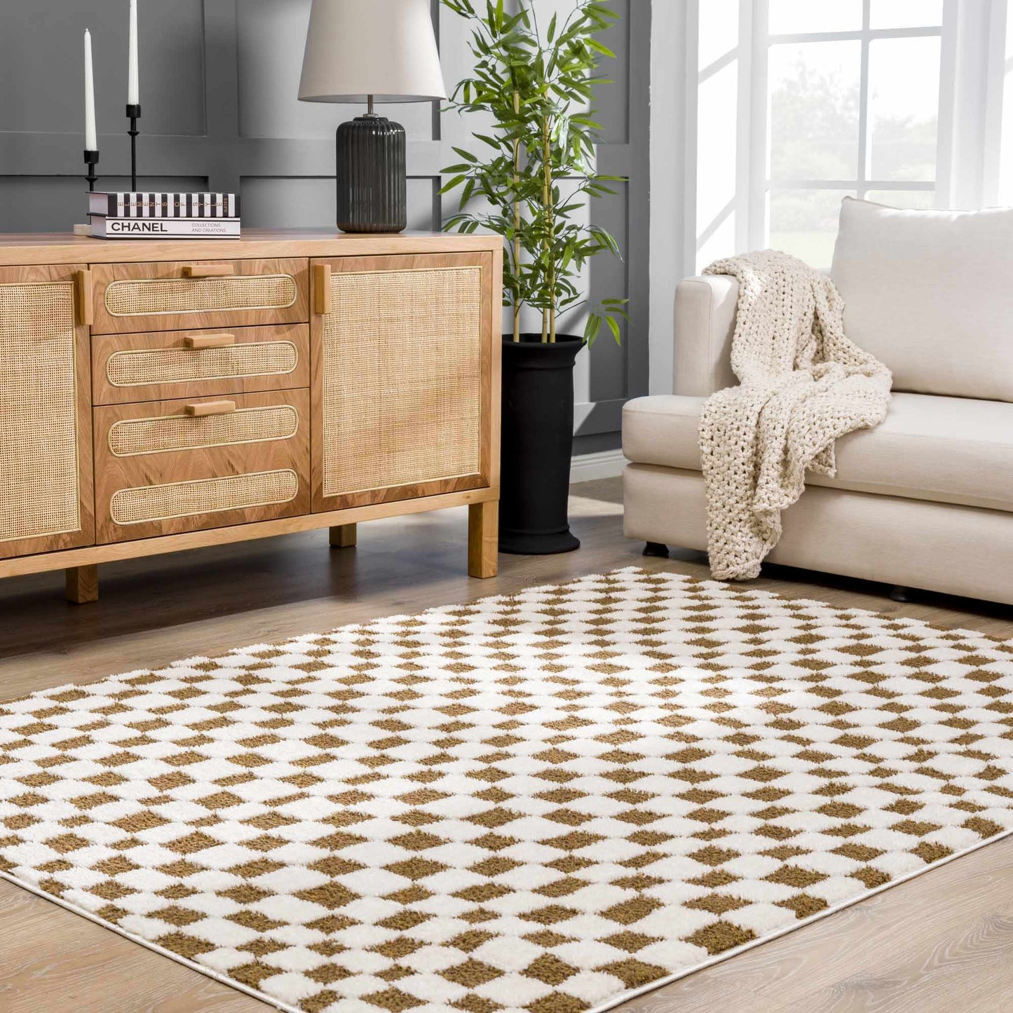 Lajos Brown Checkered Shag Rug - Quahog Bay Bedding