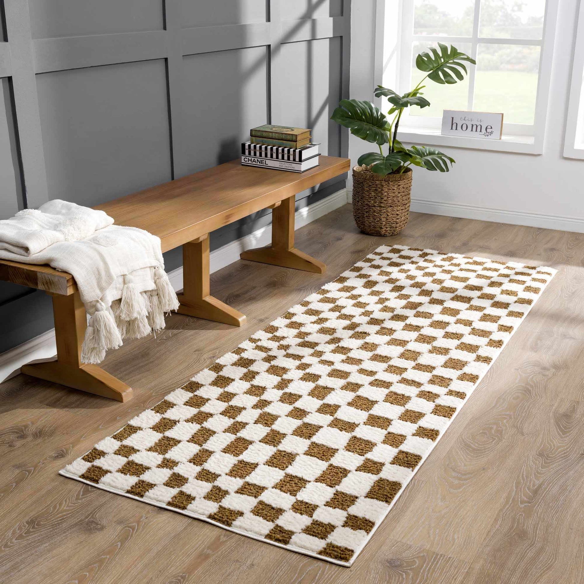 Lajos Brown Checkered Shag Rug - Quahog Bay Bedding