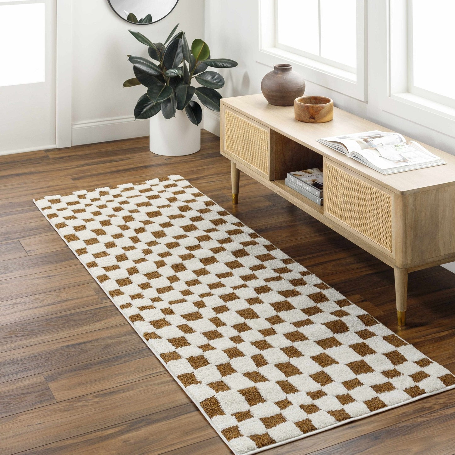 Lajos Brown Checkered Shag Rug - Quahog Bay Bedding