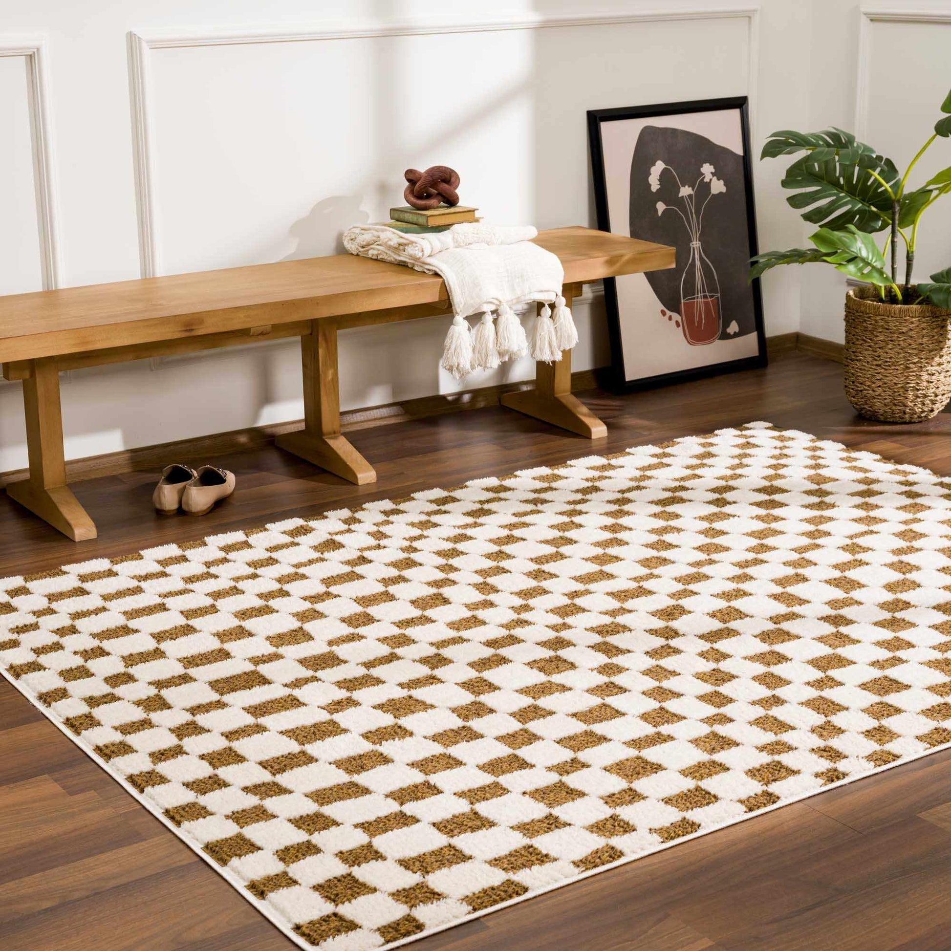 Lajos Brown Checkered Shag Rug - Quahog Bay Bedding